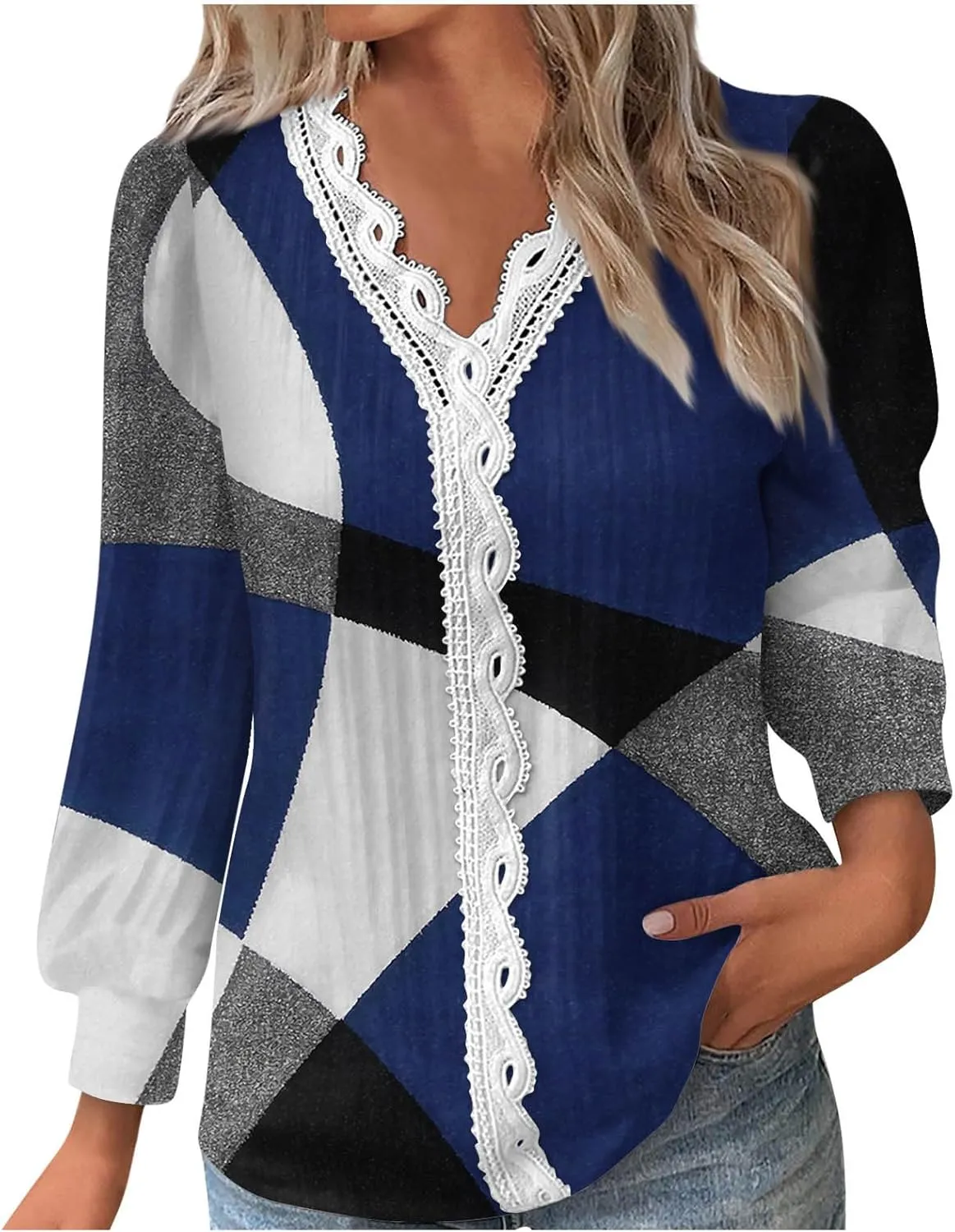 Womens Tops 2023 Casual Lace Button Down Open Front Cardigan Patchwork Color Long Sleeve V Neck Sweatshirt For Women