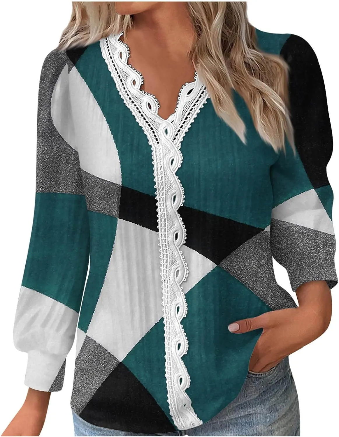 Womens Tops 2023 Casual Lace Button Down Open Front Cardigan Patchwork Color Long Sleeve V Neck Sweatshirt For Women