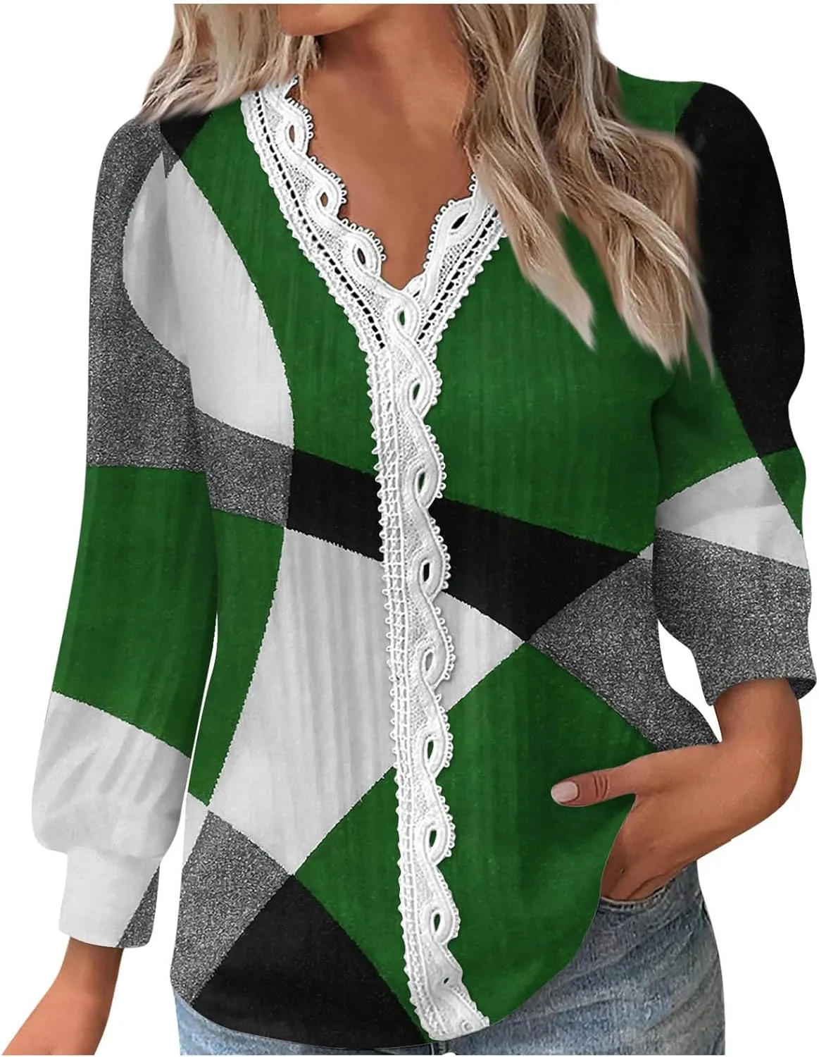 Womens Tops 2023 Casual Lace Button Down Open Front Cardigan Patchwork Color Long Sleeve V Neck Sweatshirt For Women