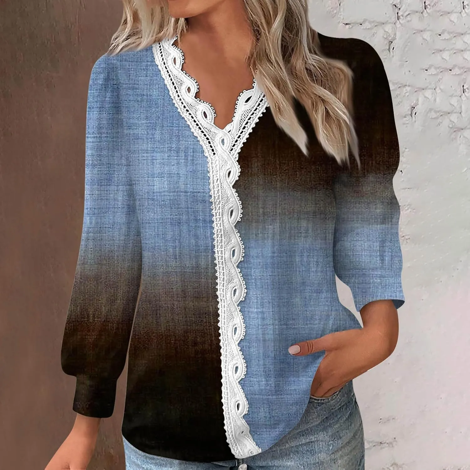 Womens Tops 2023 Casual Lace Button Down Open Front Cardigan Patchwork Color Long Sleeve V Neck Sweatshirt For Women