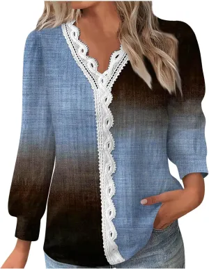 Womens Tops 2023 Casual Lace Button Down Open Front Cardigan Patchwork Color Long Sleeve V Neck Sweatshirt For Women