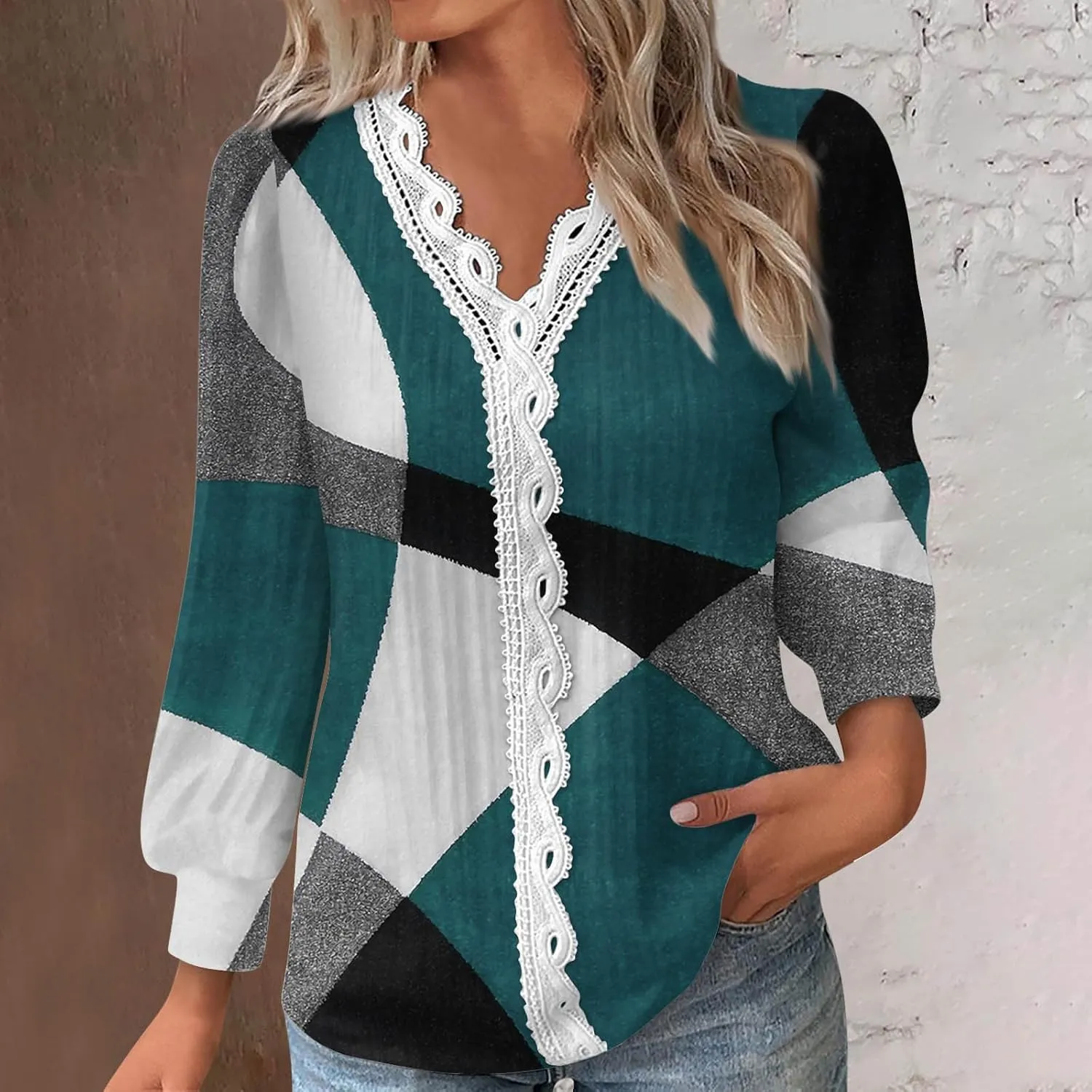 Womens Tops 2023 Casual Lace Button Down Open Front Cardigan Patchwork Color Long Sleeve V Neck Sweatshirt For Women