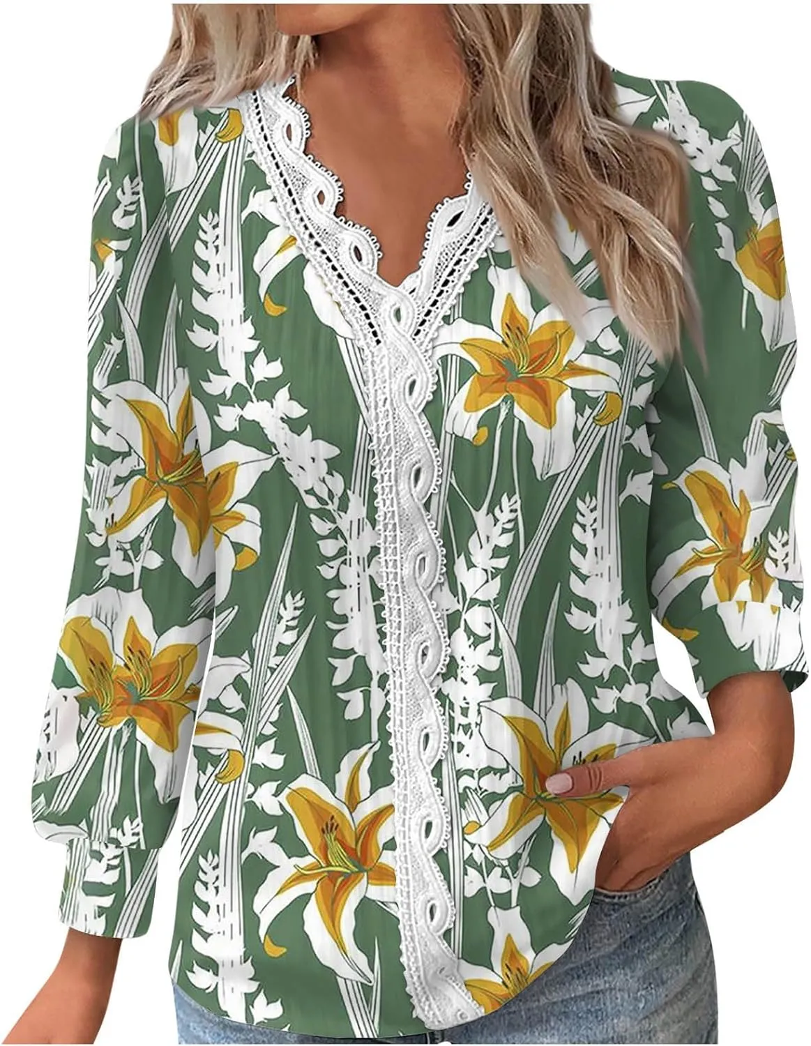 Womens Tops 2023 Casual Lace Button Down Open Front Cardigan Patchwork Color Long Sleeve V Neck Sweatshirt For Women