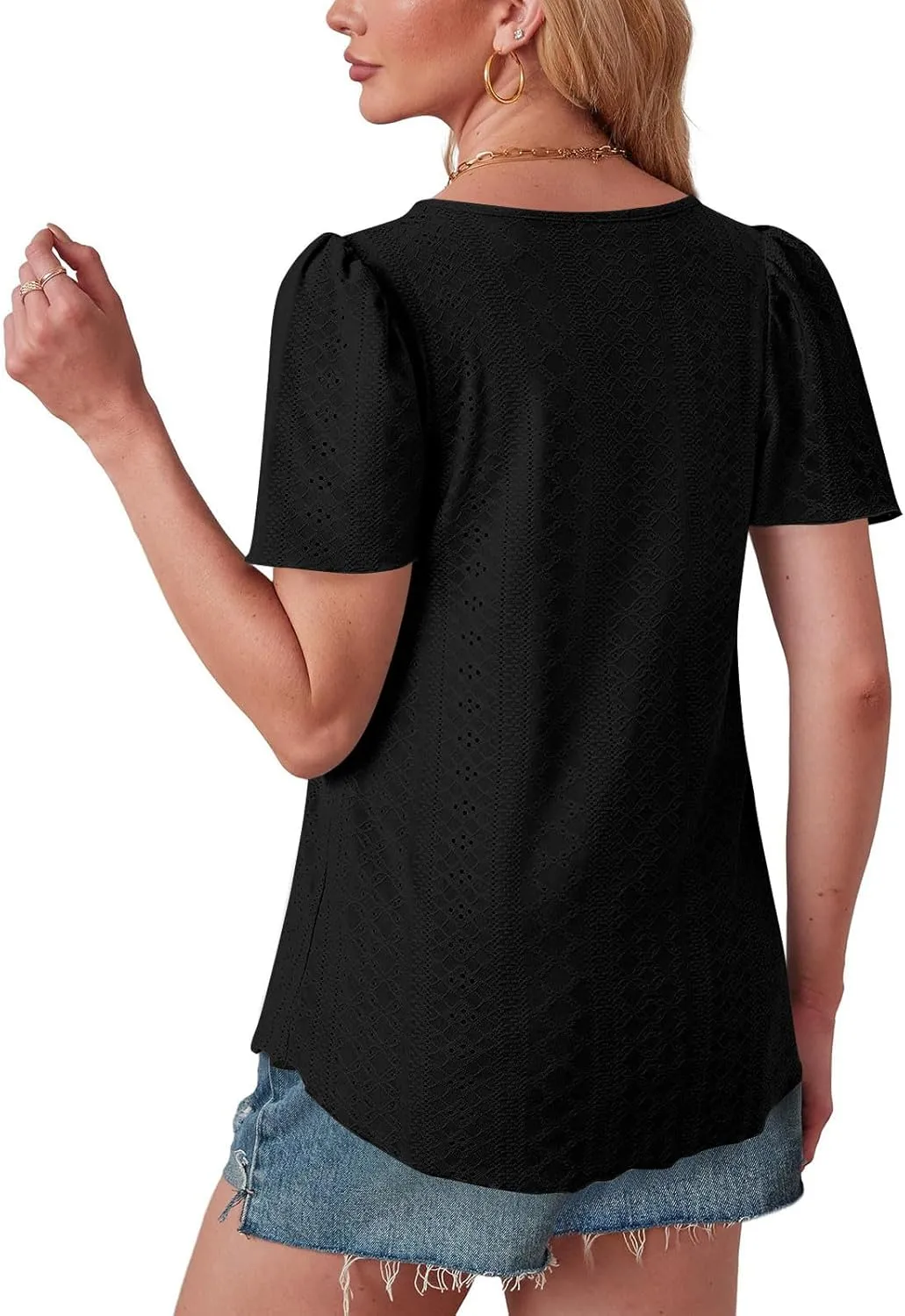Womens Tops Eyelet Embroidery Crewneck T-Shirts Summer Casual Loose Fit Tunic Blouses Business Work Shirts