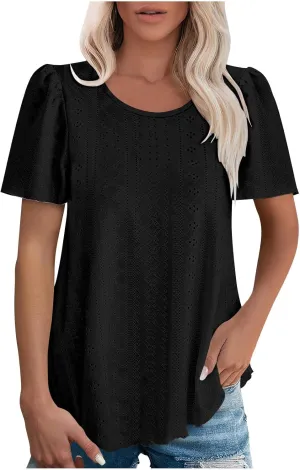 Womens Tops Eyelet Embroidery Crewneck T-Shirts Summer Casual Loose Fit Tunic Blouses Business Work Shirts