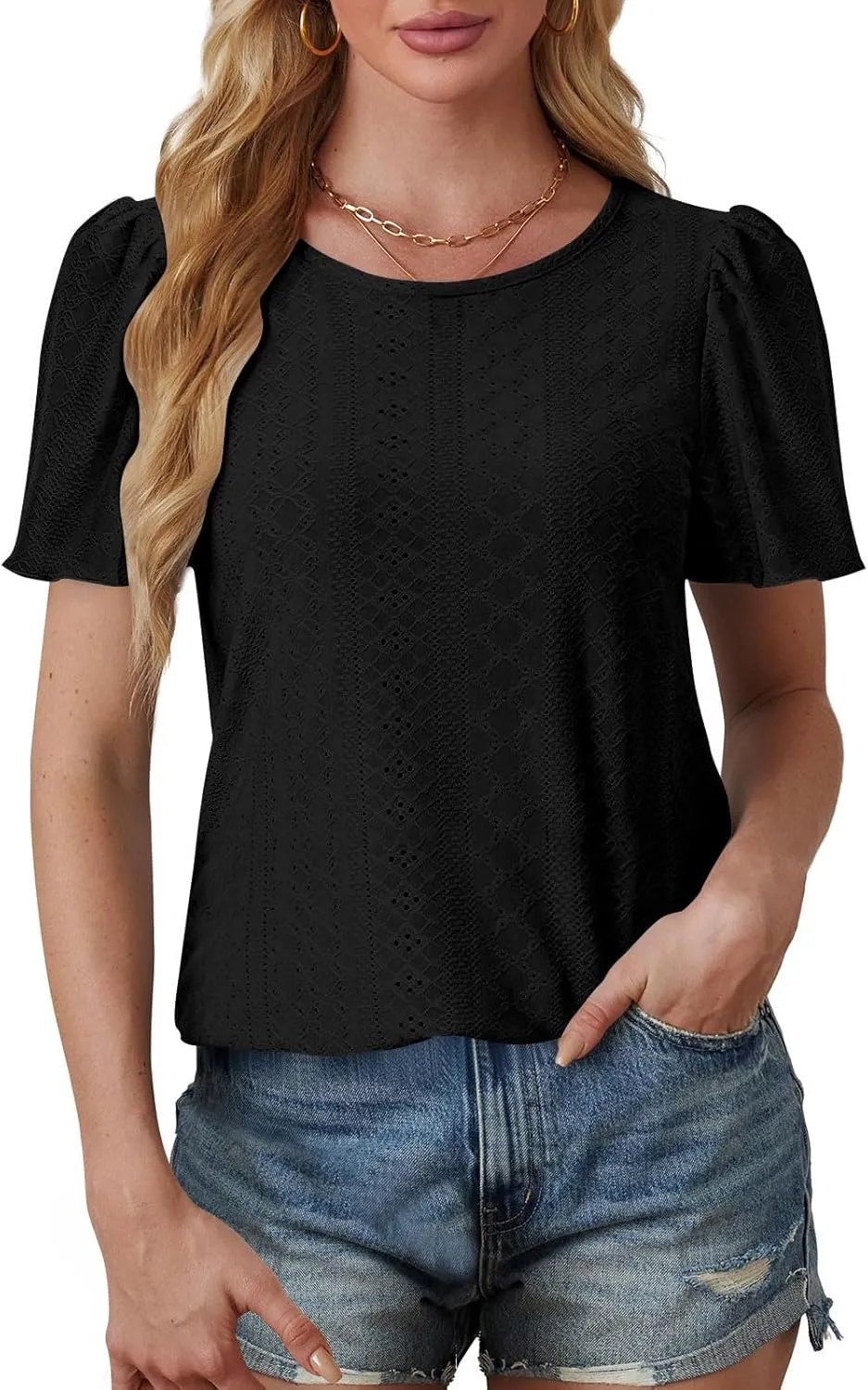 Womens Tops Eyelet Embroidery Crewneck T-Shirts Summer Casual Loose Fit Tunic Blouses Business Work Shirts