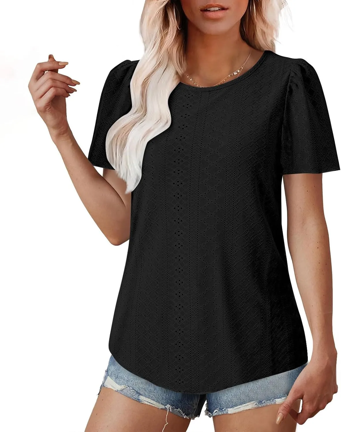 Womens Tops Eyelet Embroidery Crewneck T-Shirts Summer Casual Loose Fit Tunic Blouses Business Work Shirts