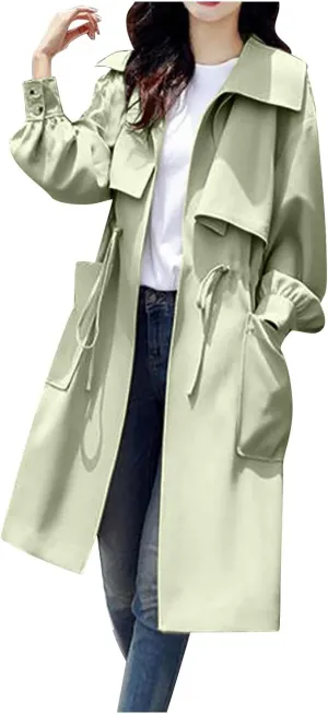 Womens Trench Coat Casual Loose Classic Lapel Drawstring Waist Fall Winter Oversized Windbreaker Overcoat Outwear Jacket