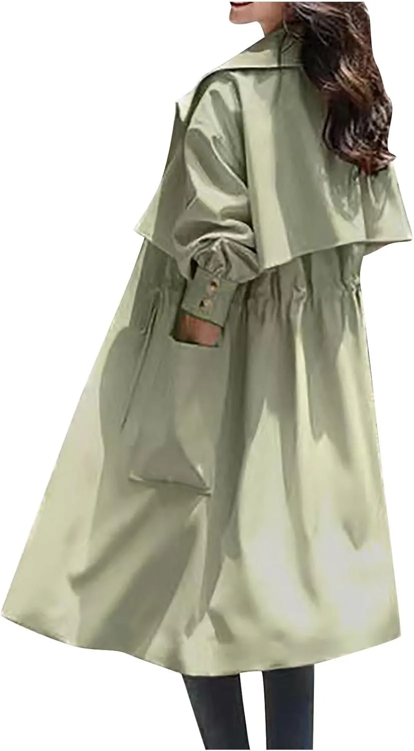 Womens Trench Coat Casual Loose Classic Lapel Drawstring Waist Fall Winter Oversized Windbreaker Overcoat Outwear Jacket