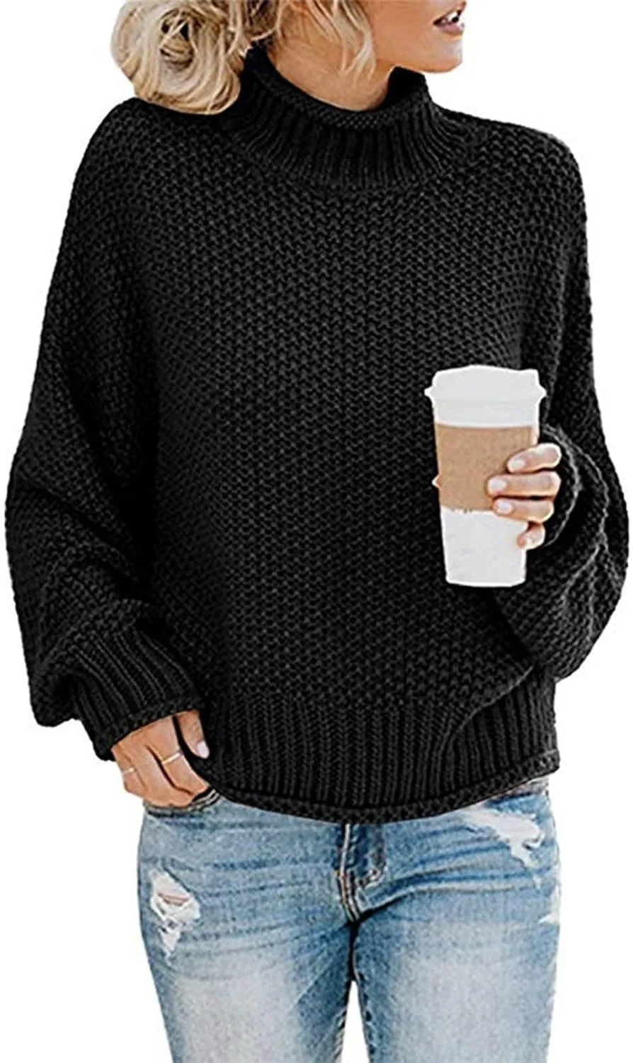 Womens Turtleneck Sweaters Casual Solid Tops Knitting Batwing Sleeve Classic Pullovers Lightweight Cute Sweater