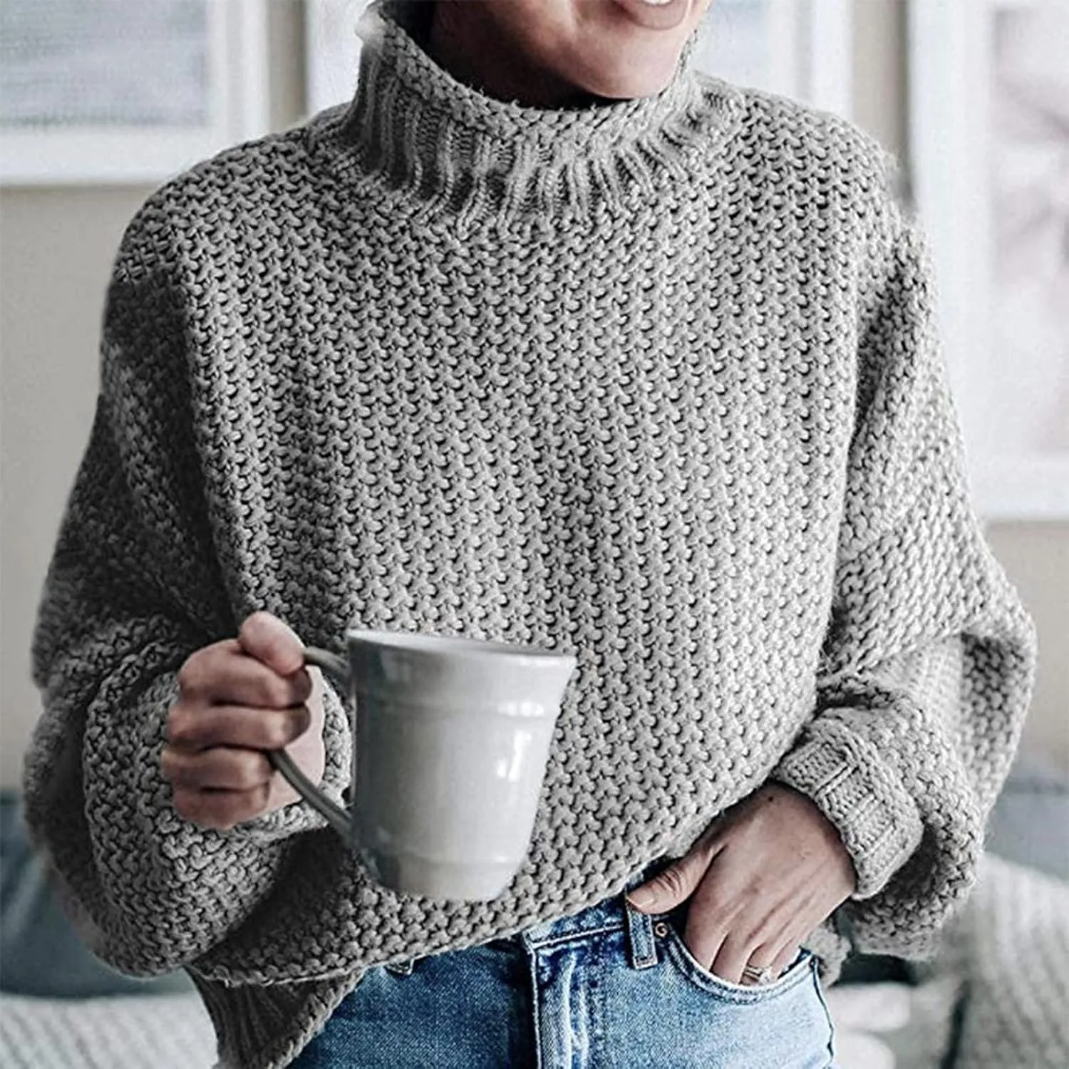 Womens Turtleneck Sweaters Casual Solid Tops Knitting Batwing Sleeve Classic Pullovers Lightweight Cute Sweater