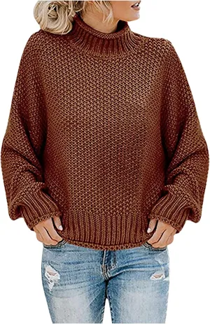 Womens Turtleneck Sweaters Casual Solid Tops Knitting Batwing Sleeve Classic Pullovers Lightweight Cute Sweater