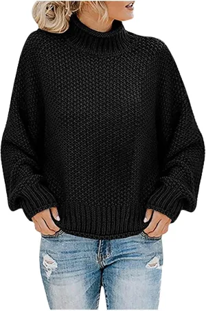 Womens Turtleneck Sweaters Casual Solid Tops Knitting Batwing Sleeve Classic Pullovers Lightweight Cute Sweater