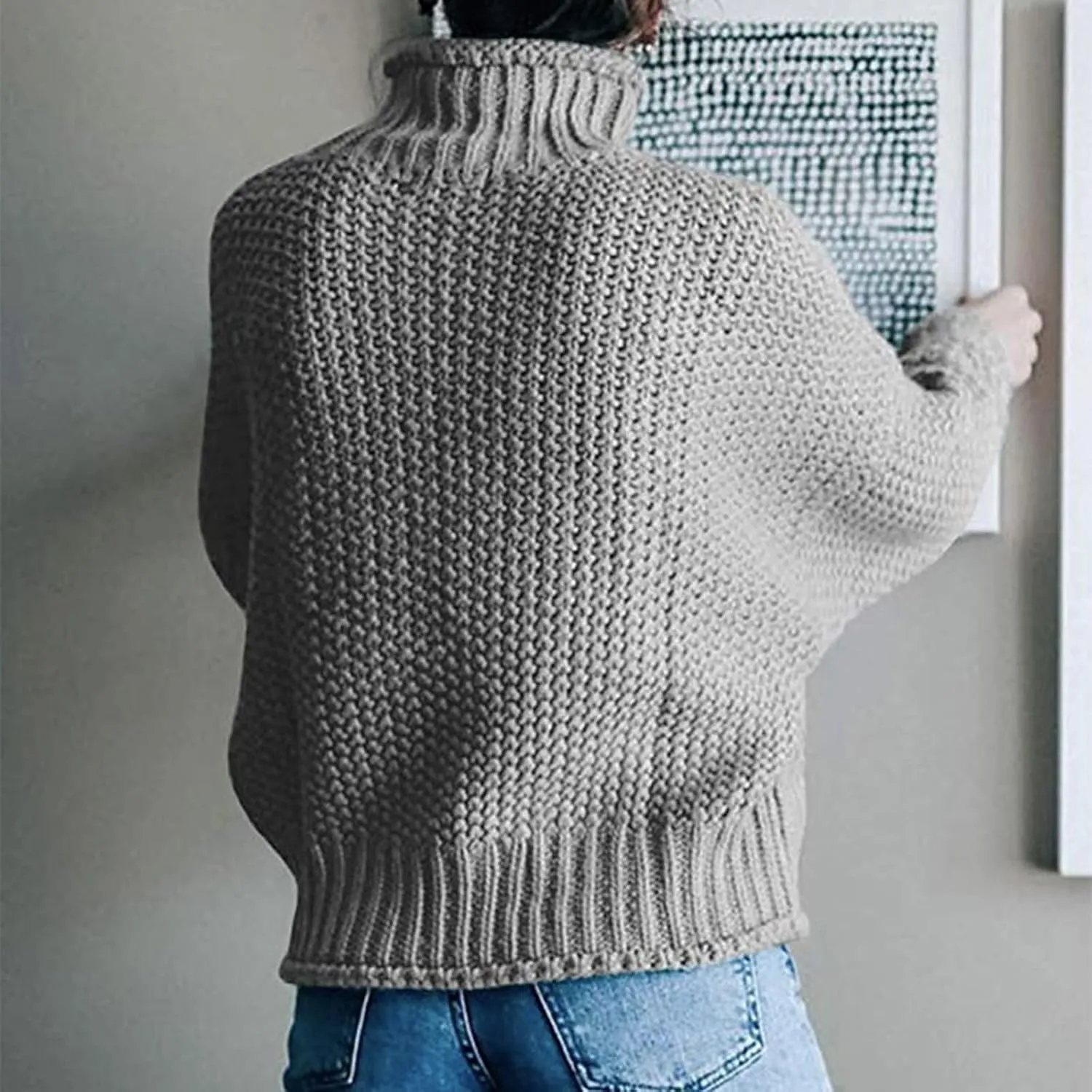 Womens Turtleneck Sweaters Casual Solid Tops Knitting Batwing Sleeve Classic Pullovers Lightweight Cute Sweater