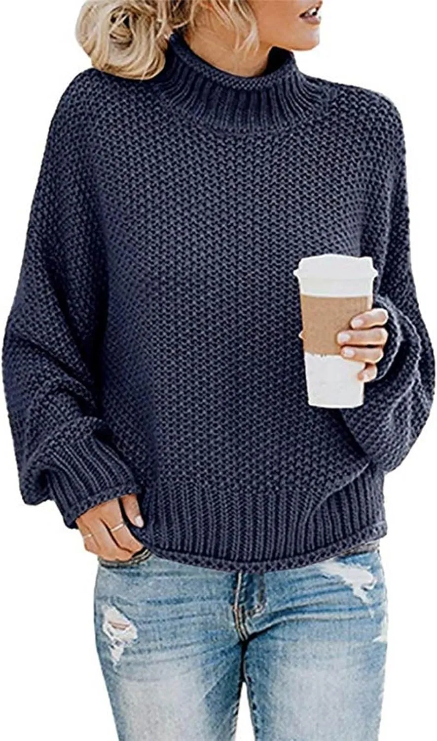 Womens Turtleneck Sweaters Casual Solid Tops Knitting Batwing Sleeve Classic Pullovers Lightweight Cute Sweater