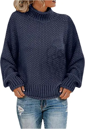 Womens Turtleneck Sweaters Casual Solid Tops Knitting Batwing Sleeve Classic Pullovers Lightweight Cute Sweater