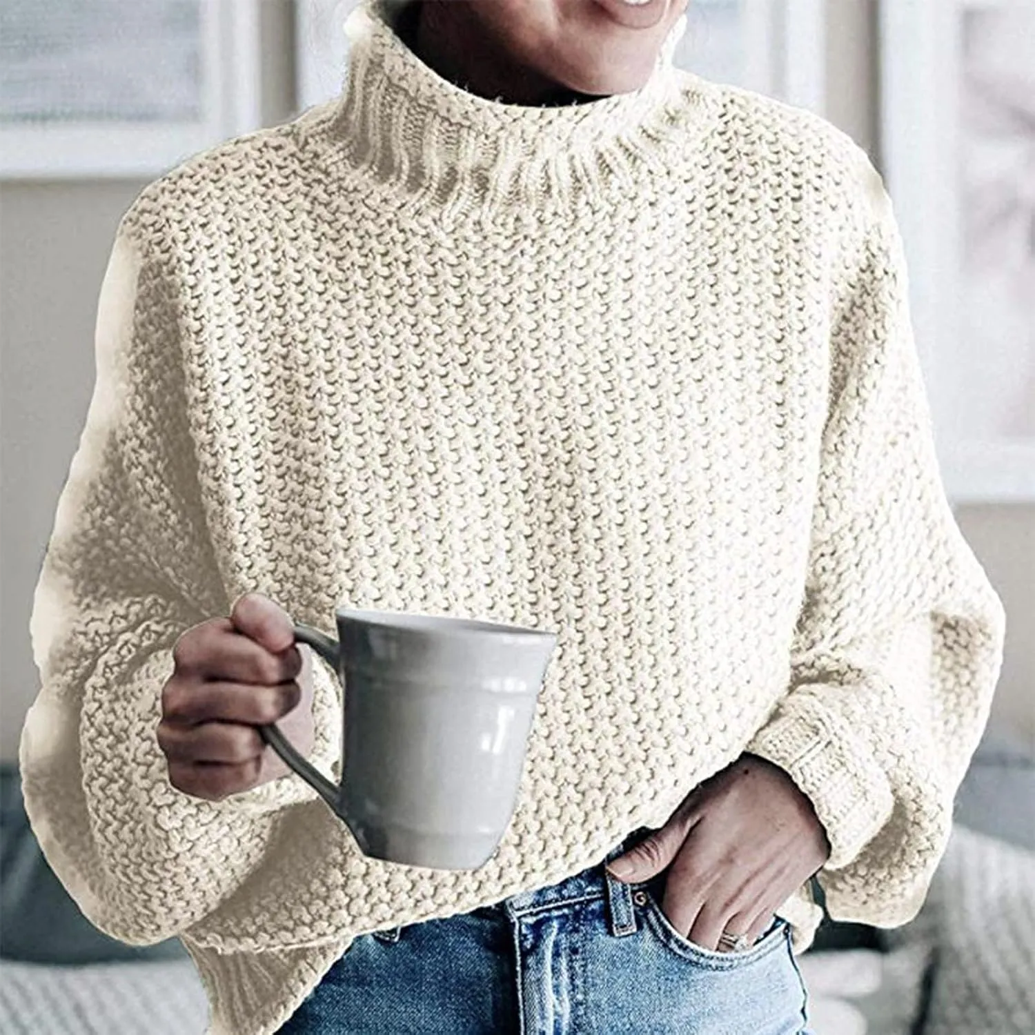 Womens Turtleneck Sweaters Casual Solid Tops Knitting Batwing Sleeve Classic Pullovers Lightweight Cute Sweater