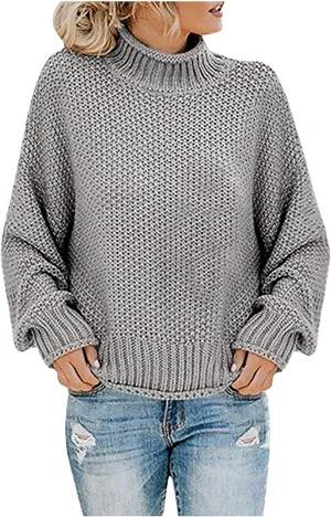 Womens Turtleneck Sweaters Casual Solid Tops Knitting Batwing Sleeve Classic Pullovers Lightweight Cute Sweater