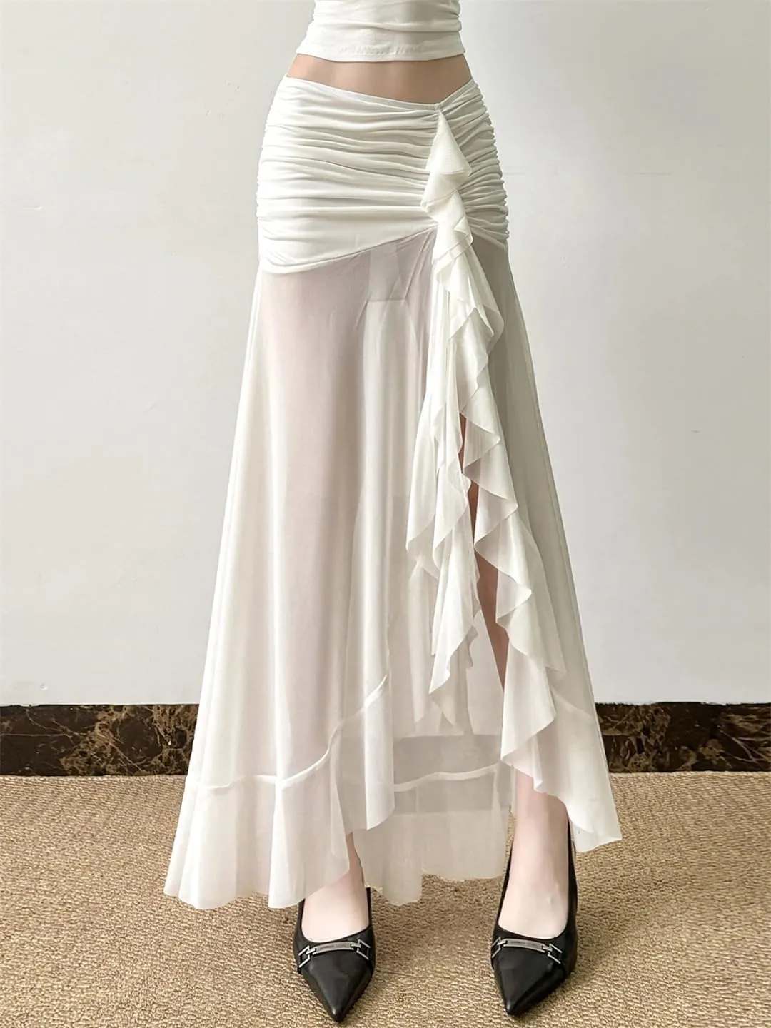 Women's Vacation Mesh See Through Long Skirts Sexy Ruffle Split Pleated Wrap Skirt