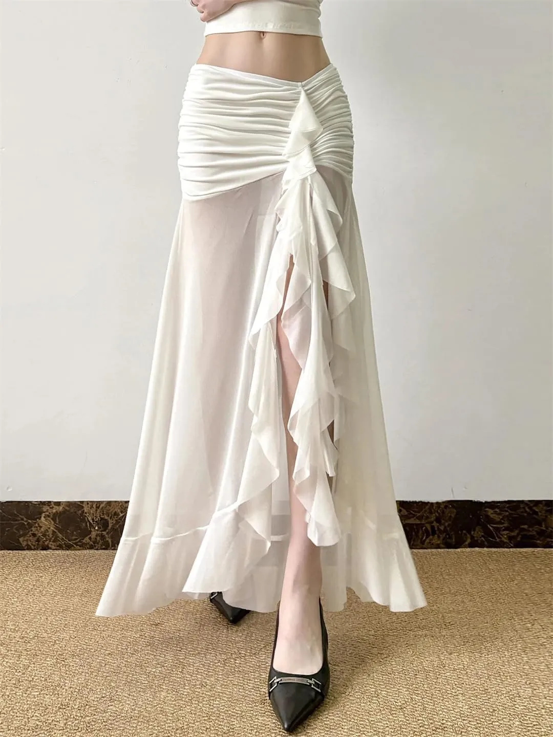 Women's Vacation Mesh See Through Long Skirts Sexy Ruffle Split Pleated Wrap Skirt