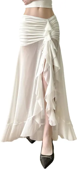 Women's Vacation Mesh See Through Long Skirts Sexy Ruffle Split Pleated Wrap Skirt
