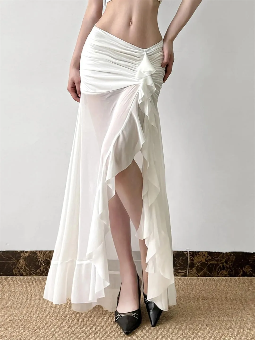 Women's Vacation Mesh See Through Long Skirts Sexy Ruffle Split Pleated Wrap Skirt