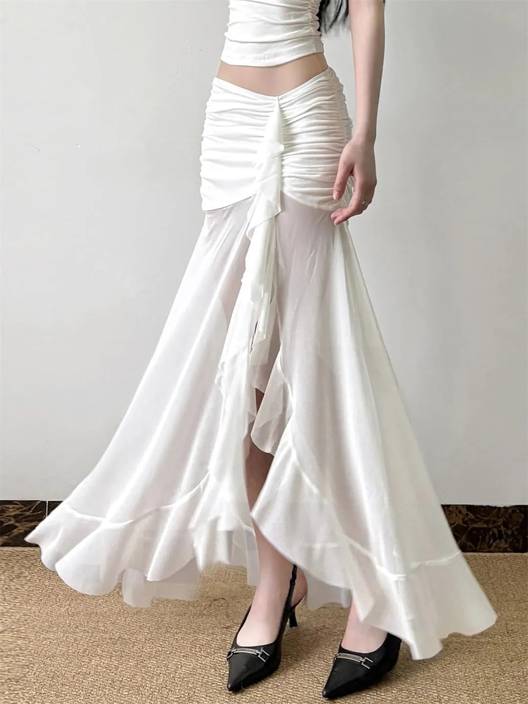 Women's Vacation Mesh See Through Long Skirts Sexy Ruffle Split Pleated Wrap Skirt