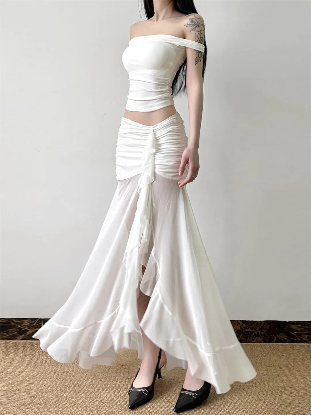 Women's Vacation Mesh See Through Long Skirts Sexy Ruffle Split Pleated Wrap Skirt