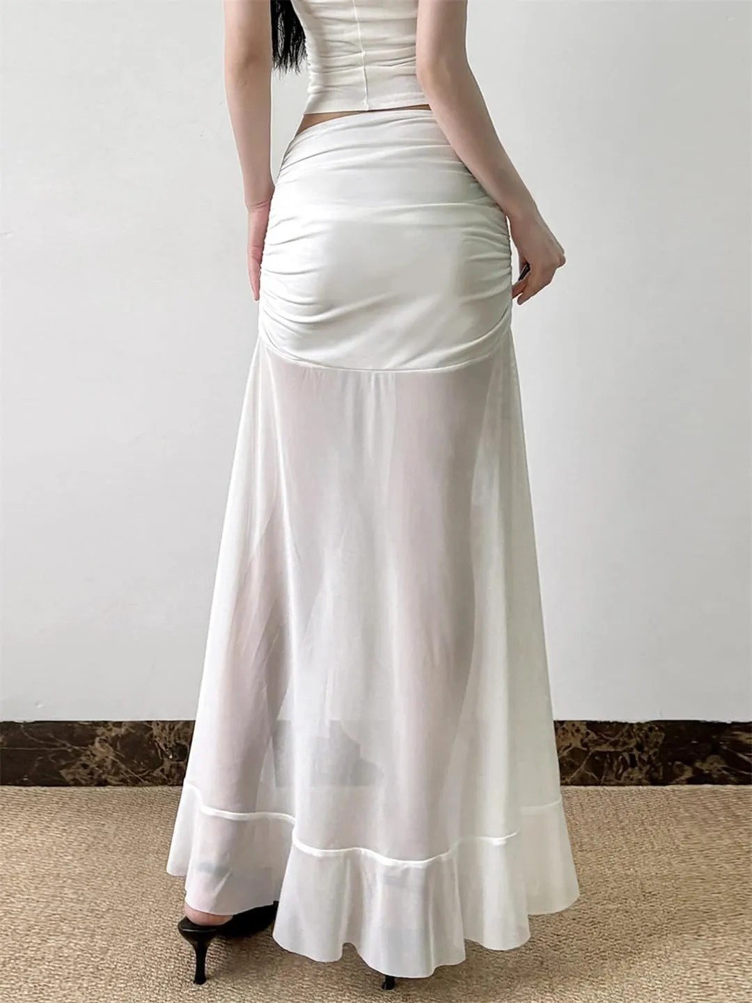Women's Vacation Mesh See Through Long Skirts Sexy Ruffle Split Pleated Wrap Skirt