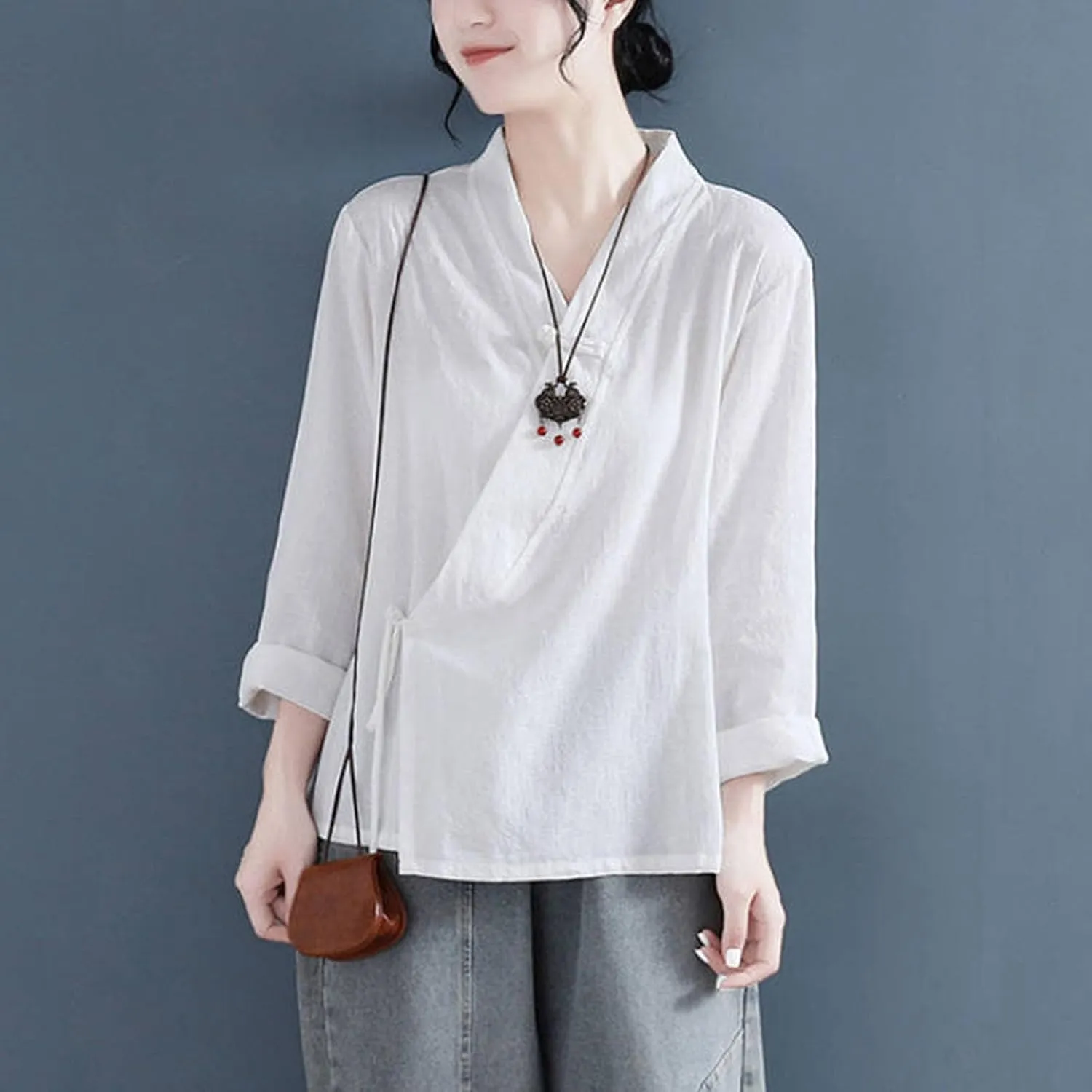 Women's Wrap V Neck Cotton Linen Blouse Summer Vintage Chinese Frog Button Tunic Shirts Casual Loose Long Sleeve Top
