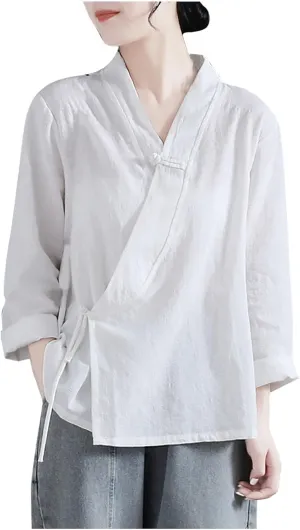 Women's Wrap V Neck Cotton Linen Blouse Summer Vintage Chinese Frog Button Tunic Shirts Casual Loose Long Sleeve Top