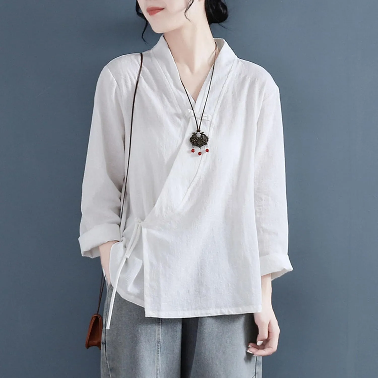 Women's Wrap V Neck Cotton Linen Blouse Summer Vintage Chinese Frog Button Tunic Shirts Casual Loose Long Sleeve Top