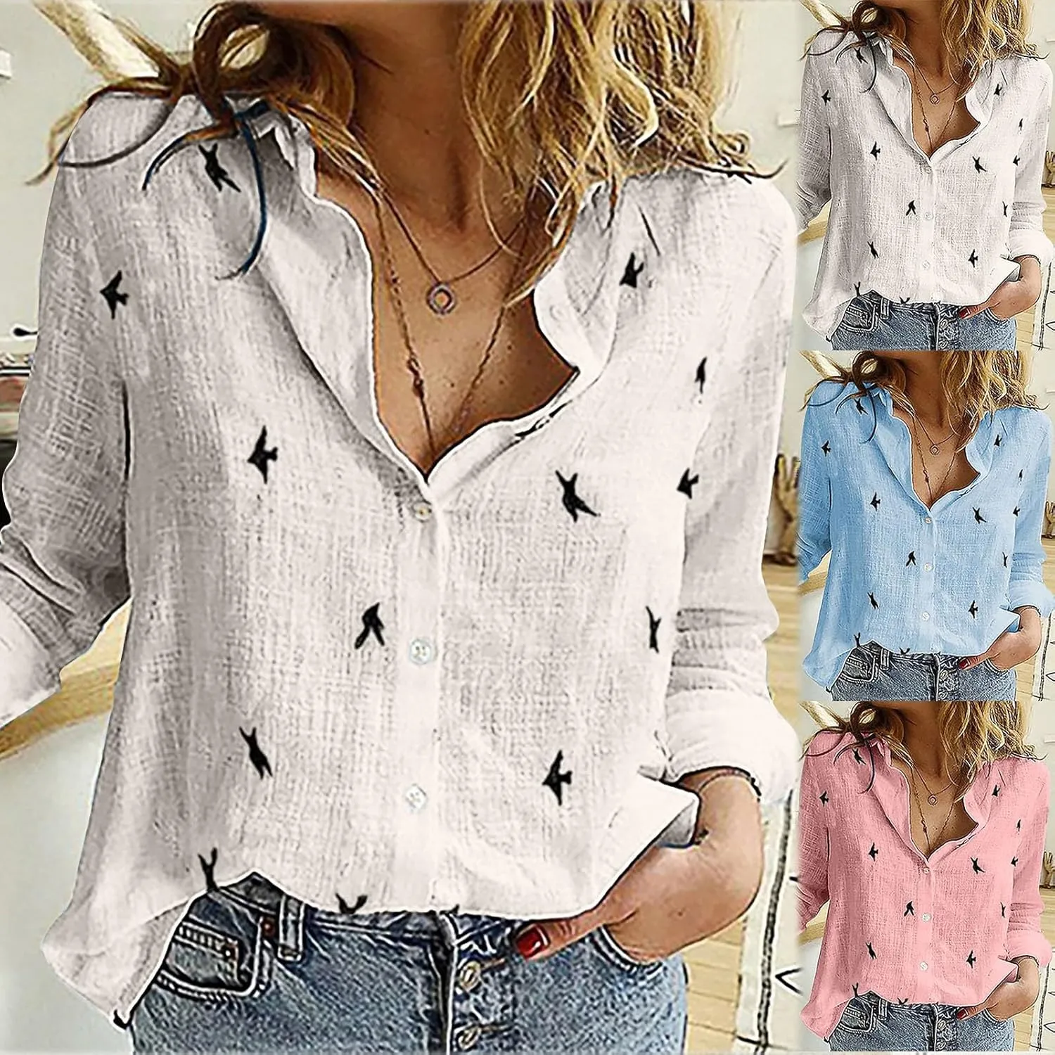YRAETENM Cotton Linen Tops For Women Bird Graphic Tees Button Down Shirts Long Sleeve V-Neck T-Shirts Casual Loose Blouse