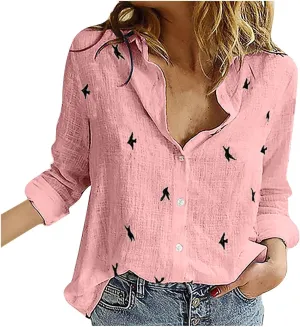 YRAETENM Cotton Linen Tops For Women Bird Graphic Tees Button Down Shirts Long Sleeve V-Neck T-Shirts Casual Loose Blouse