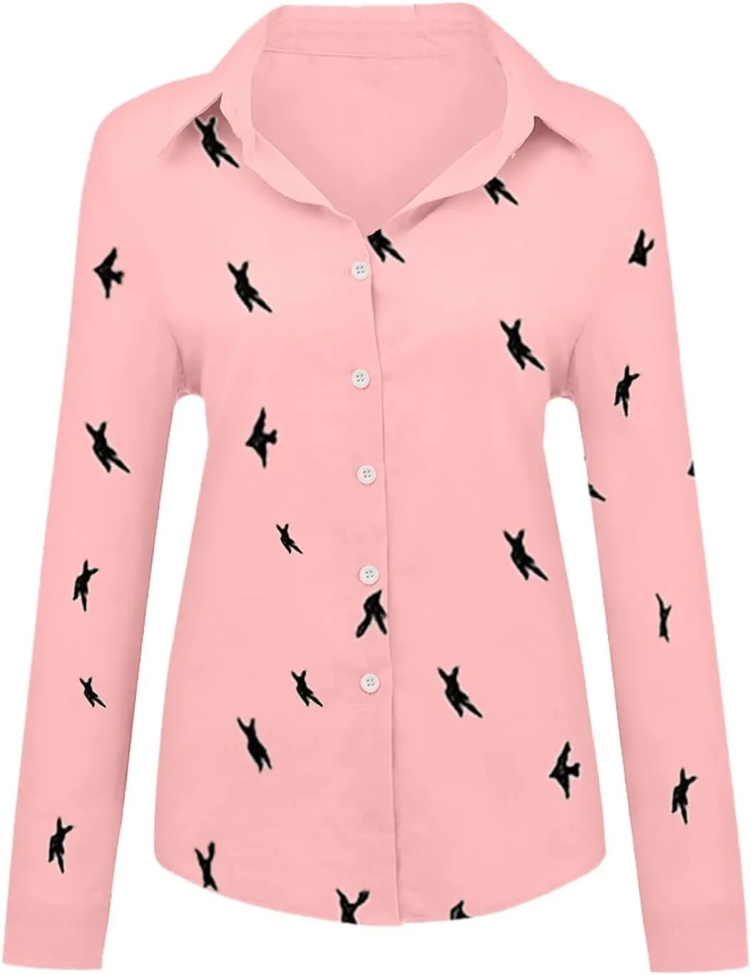 YRAETENM Cotton Linen Tops For Women Bird Graphic Tees Button Down Shirts Long Sleeve V-Neck T-Shirts Casual Loose Blouse