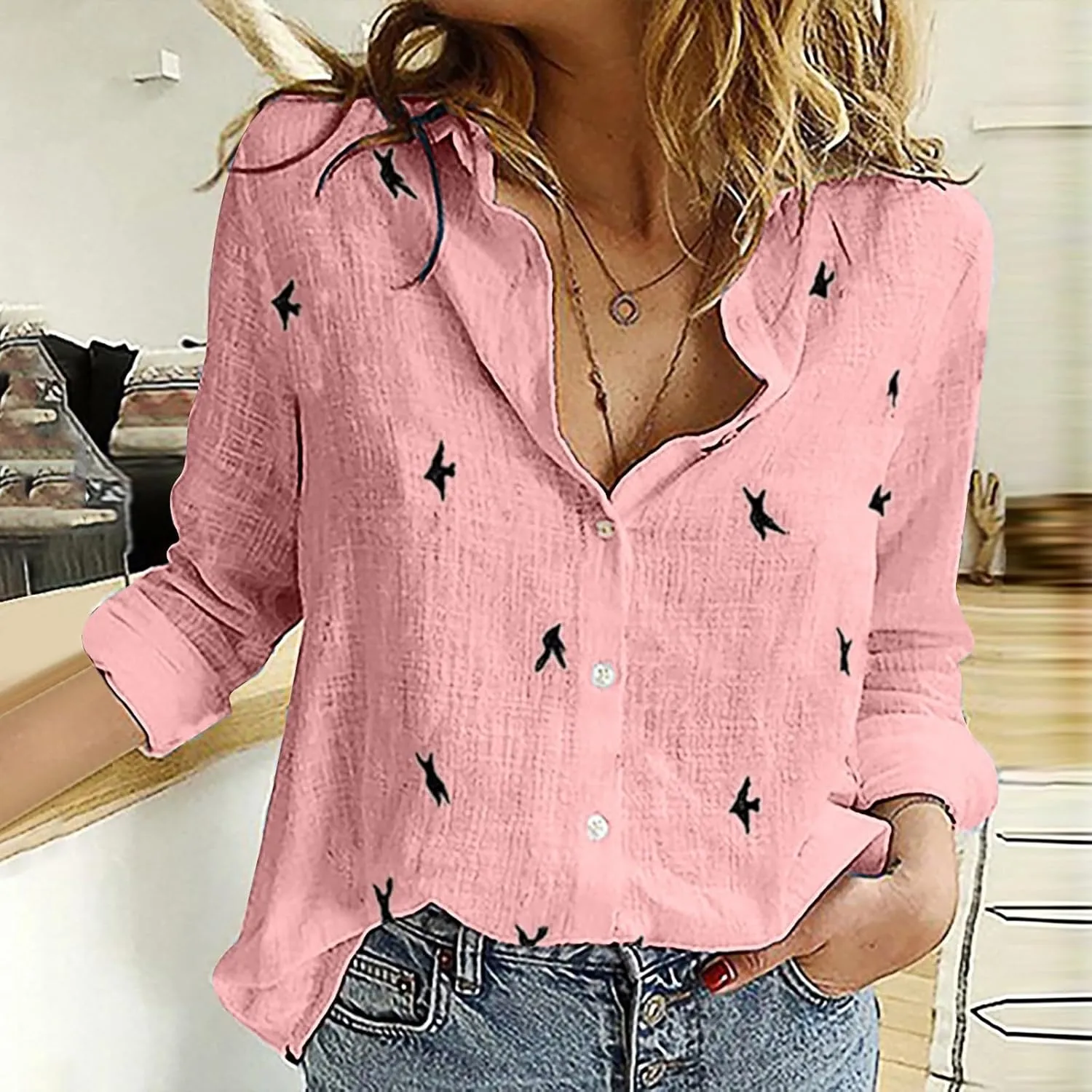 YRAETENM Cotton Linen Tops For Women Bird Graphic Tees Button Down Shirts Long Sleeve V-Neck T-Shirts Casual Loose Blouse