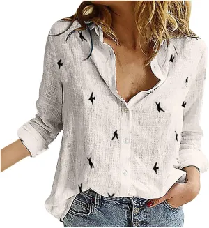 YRAETENM Cotton Linen Tops For Women Bird Graphic Tees Button Down Shirts Long Sleeve V-Neck T-Shirts Casual Loose Blouse
