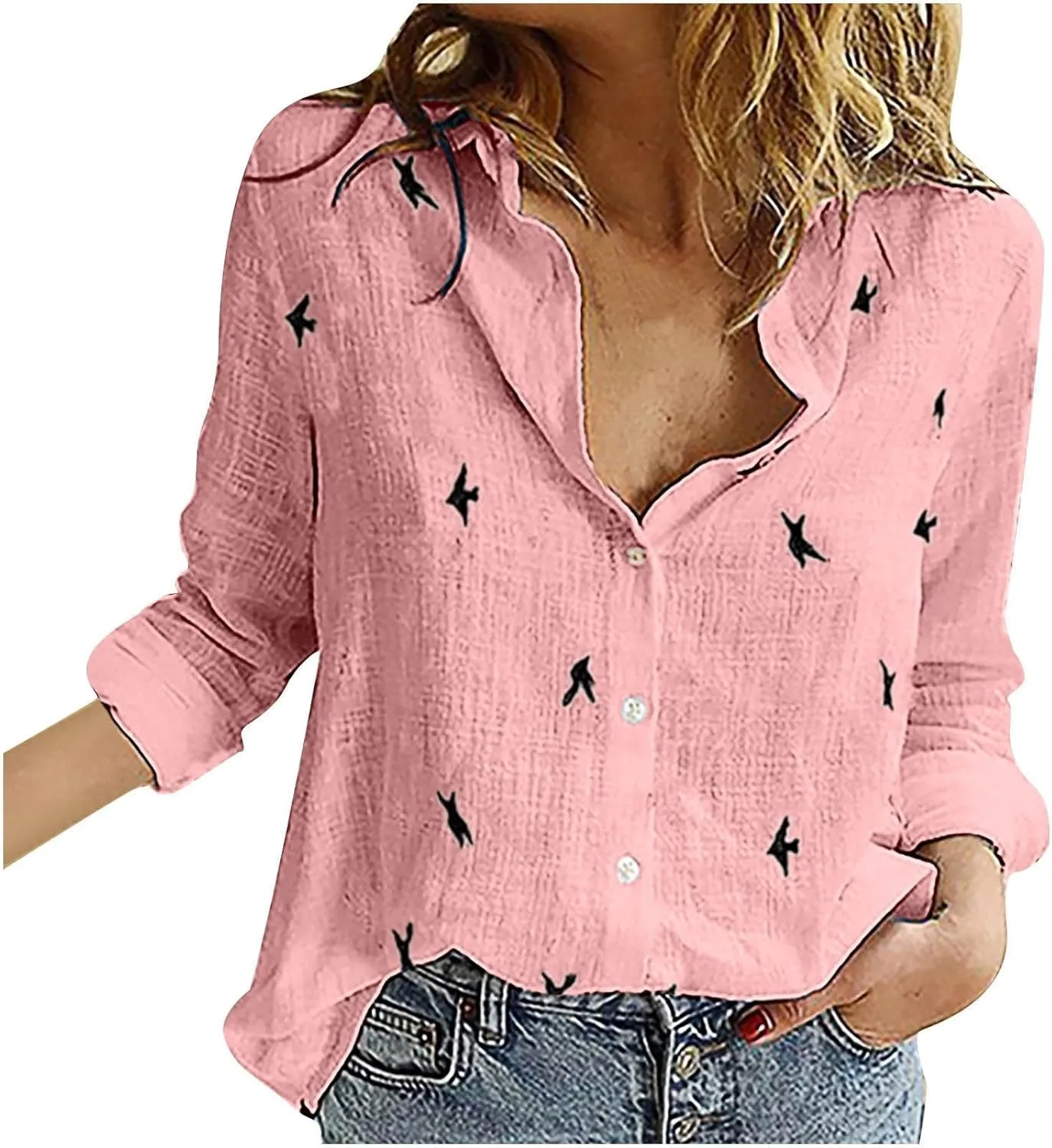 YRAETENM Cotton Linen Tops For Women Bird Graphic Tees Button Down Shirts Long Sleeve V-Neck T-Shirts Casual Loose Blouse